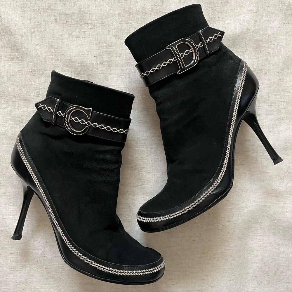 Christian Dior Y2K 2005 John Galliano era black suede CD emblem booties